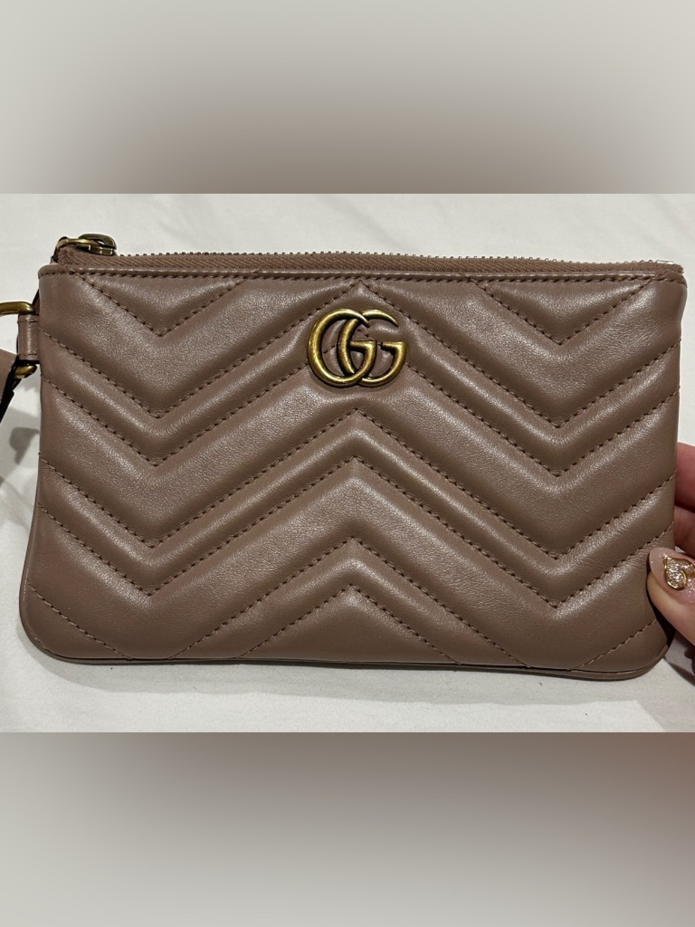 Authentic Gucci Matelasse GG Marmont Wrist Wallet Taupe